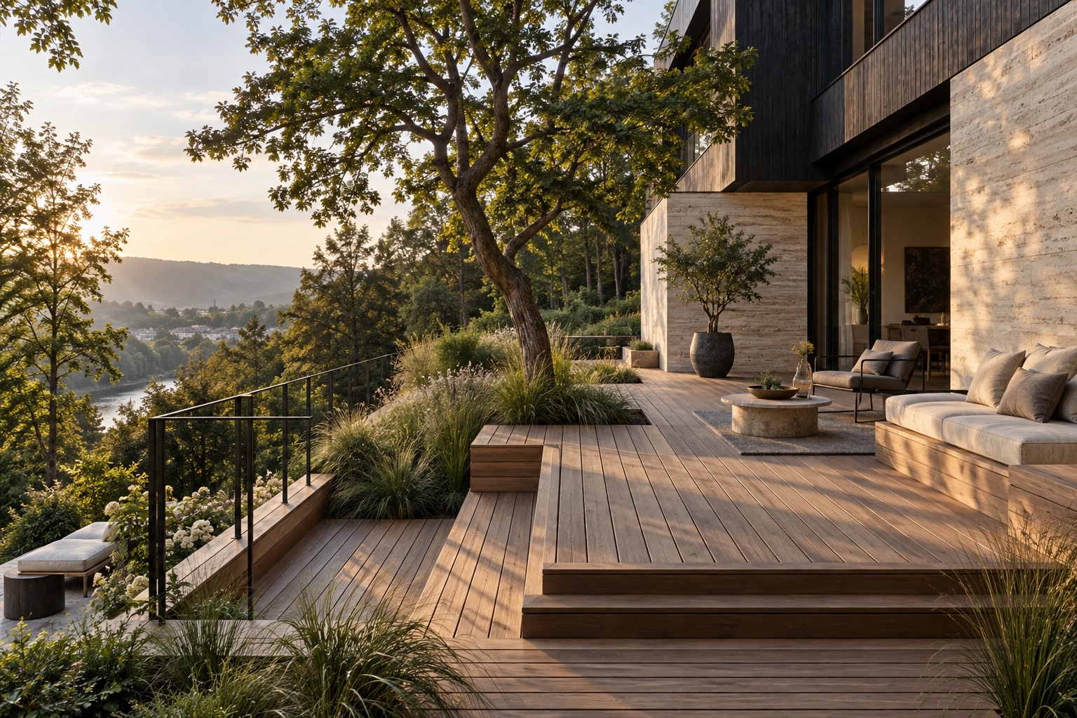 Architekturvision: maßgefertigte Holzterrasse vor einer Villa im Grünen